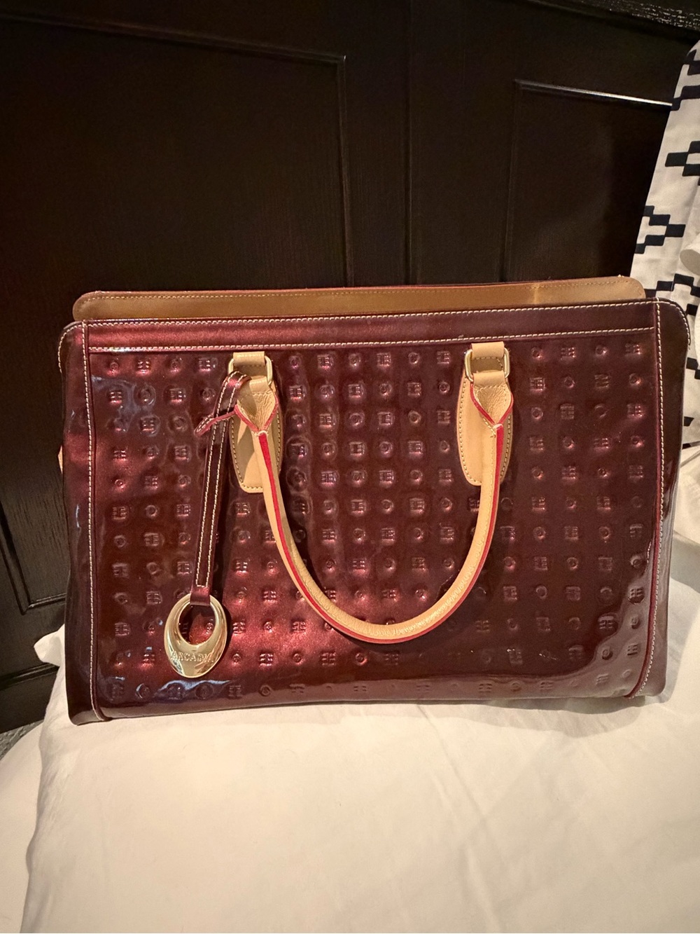 Women's Arcadia Patent Burgundy Tote Bag with Tan Handles